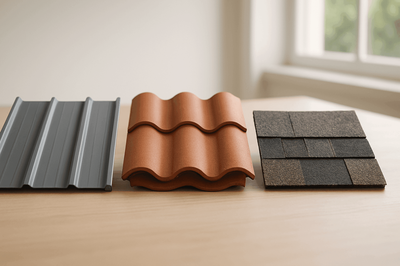 Samples of metal, tile, and shingle roofing displayed side by side