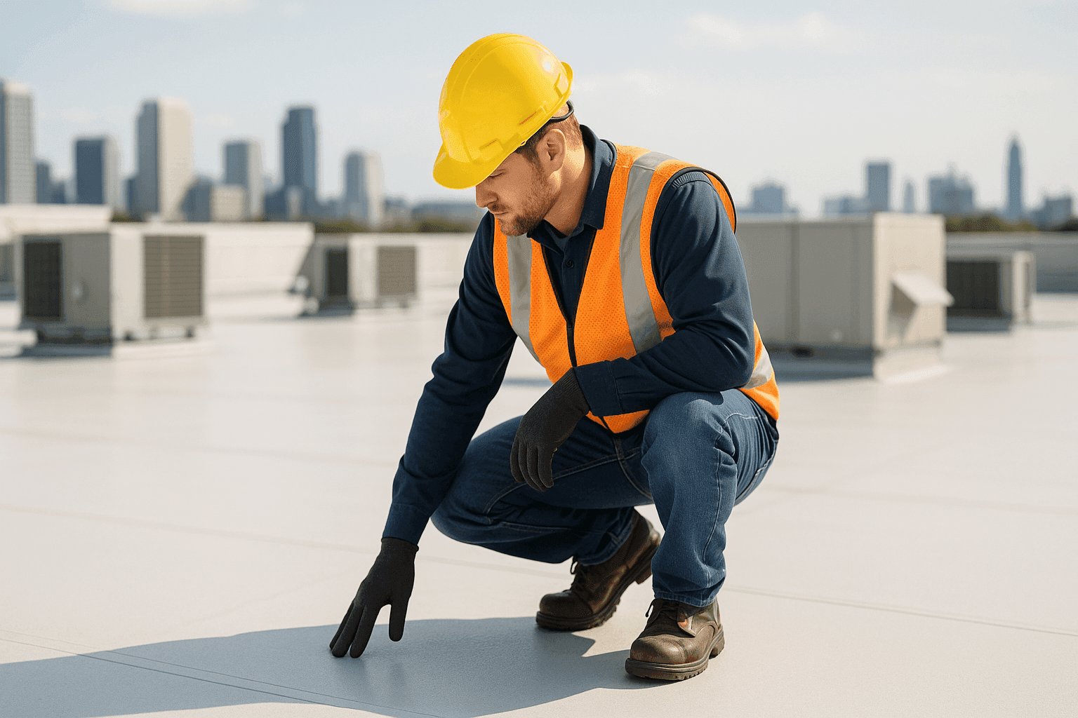 Technician inspecting large commercial flat roof with HVAC units
