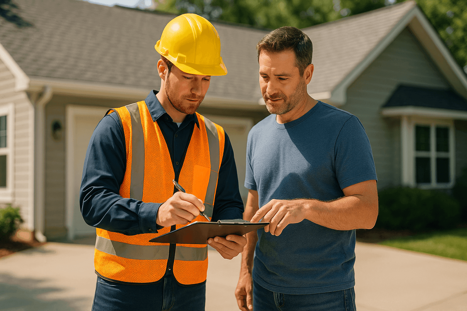 Roofing estimator reviewing repair costs with homeowner on site