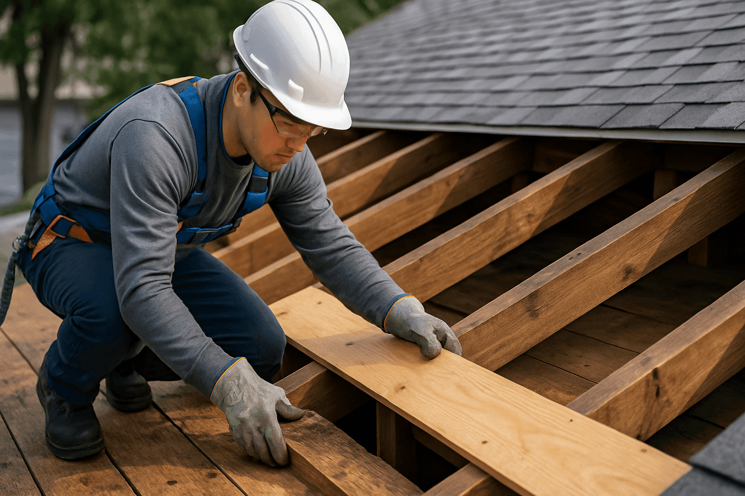 Technician replacing damaged roof decking on home