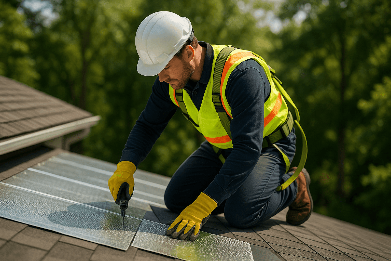 Technician installing eco-friendly cool roof materials on home