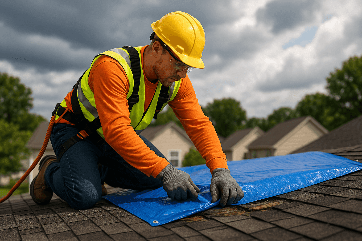 Roofing technician applying emergency tarp on storm-damaged roof