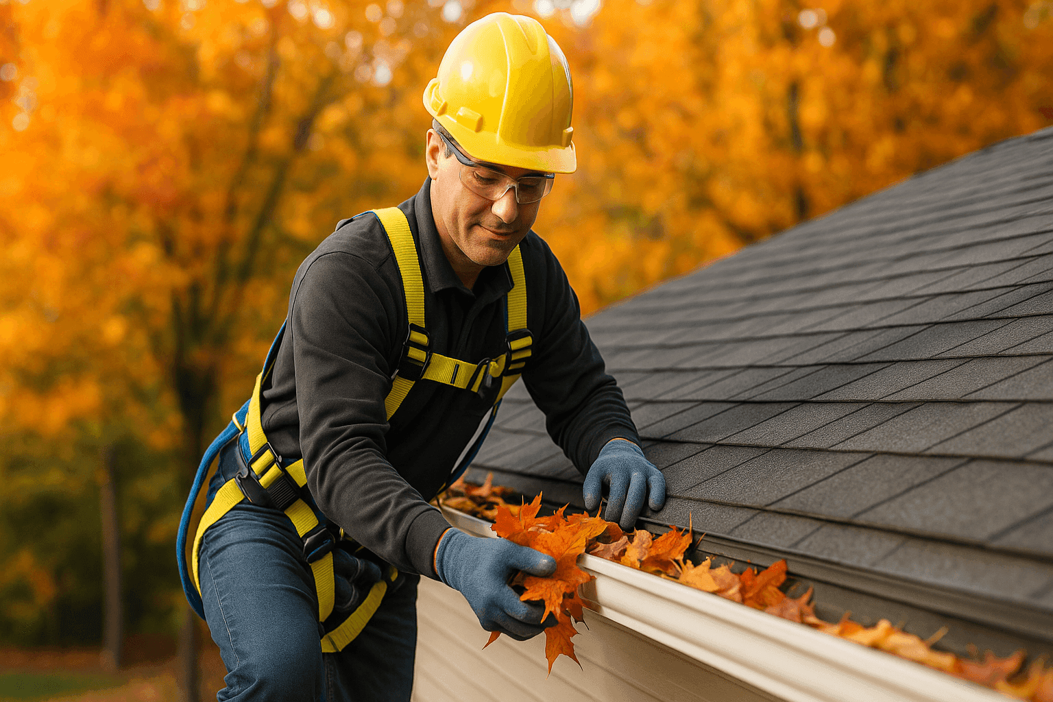 Technician clearing leaves from residential gutters in autumn