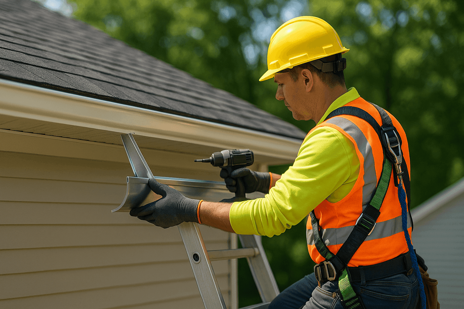 Technician installing new gutters on residential roof edge