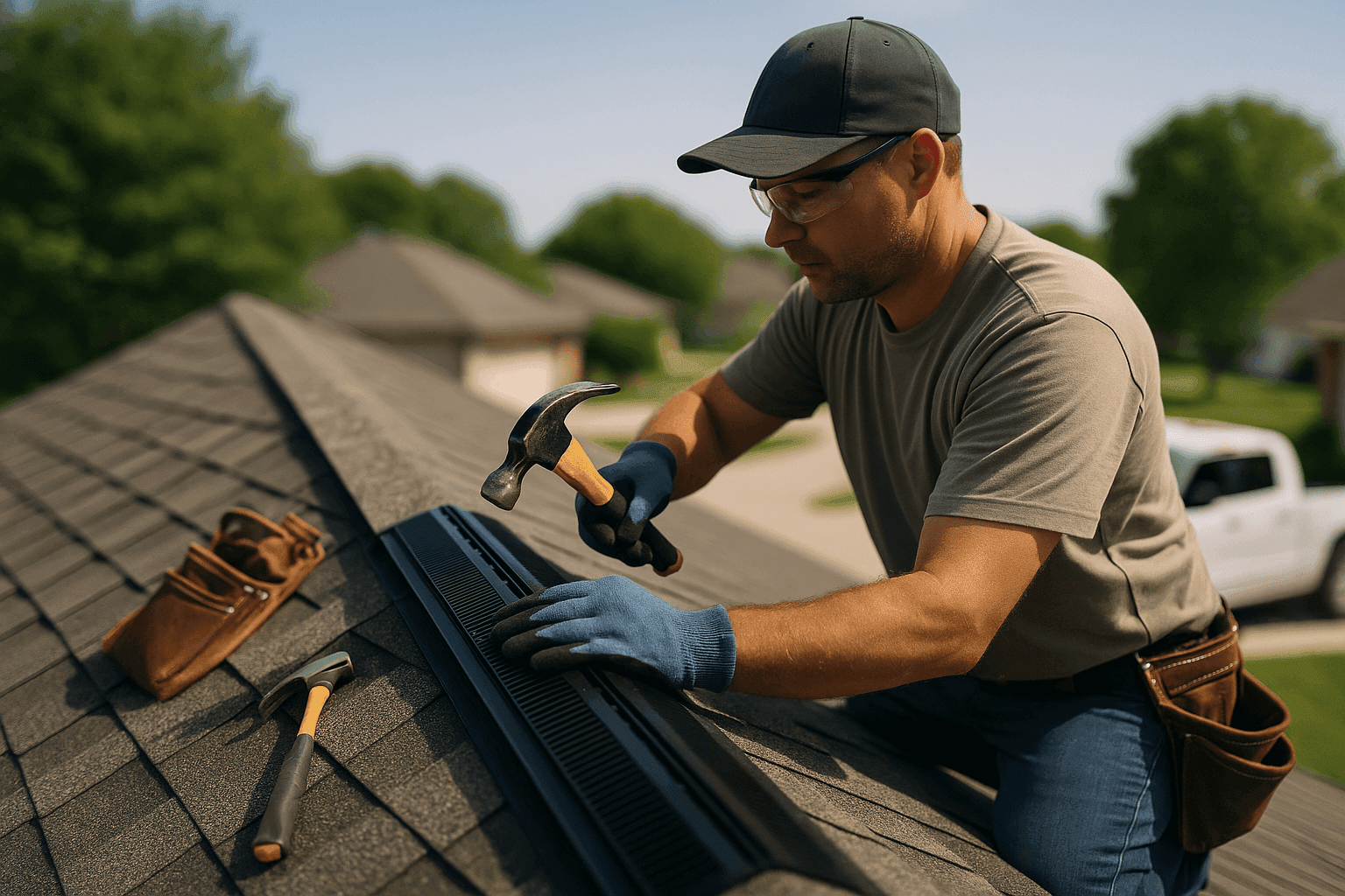Roofer installing ridge vent on residential roof for improved ventilation