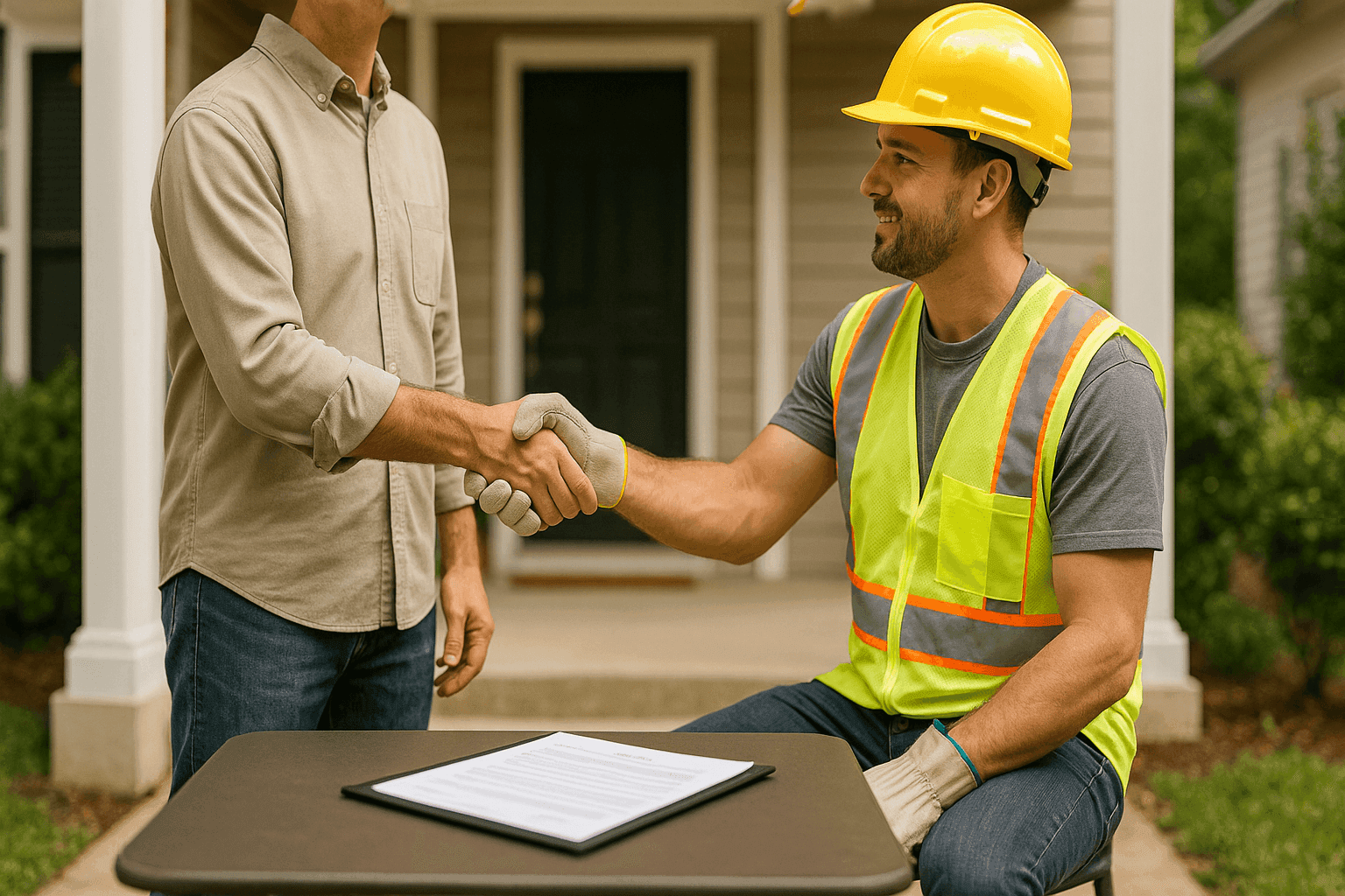 Homeowner reviewing roofing contract with certified roofer