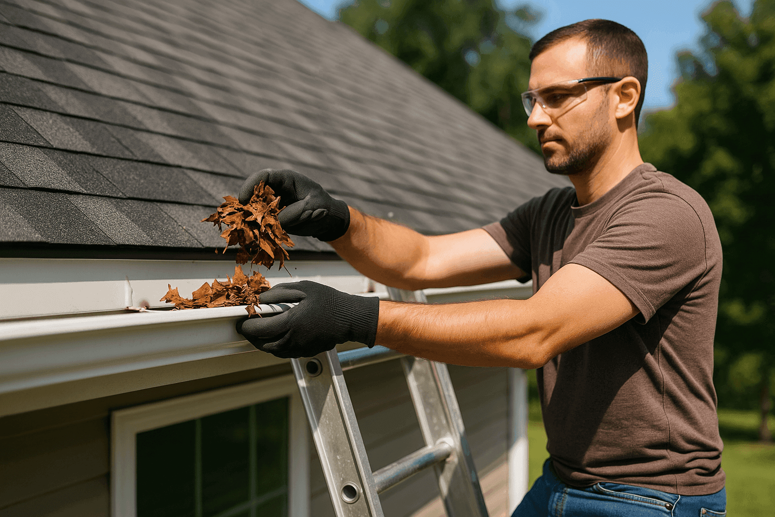Homeowner cleaning debris from roof gutter system with ladder and gloves