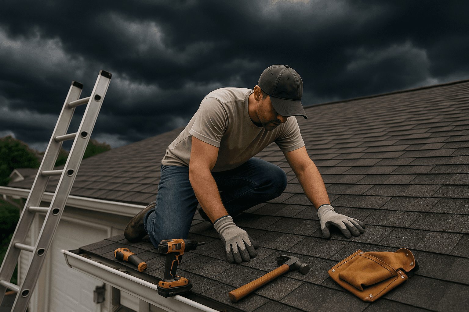 Homeowner inspecting roof under dark storm clouds preparing for severe weather