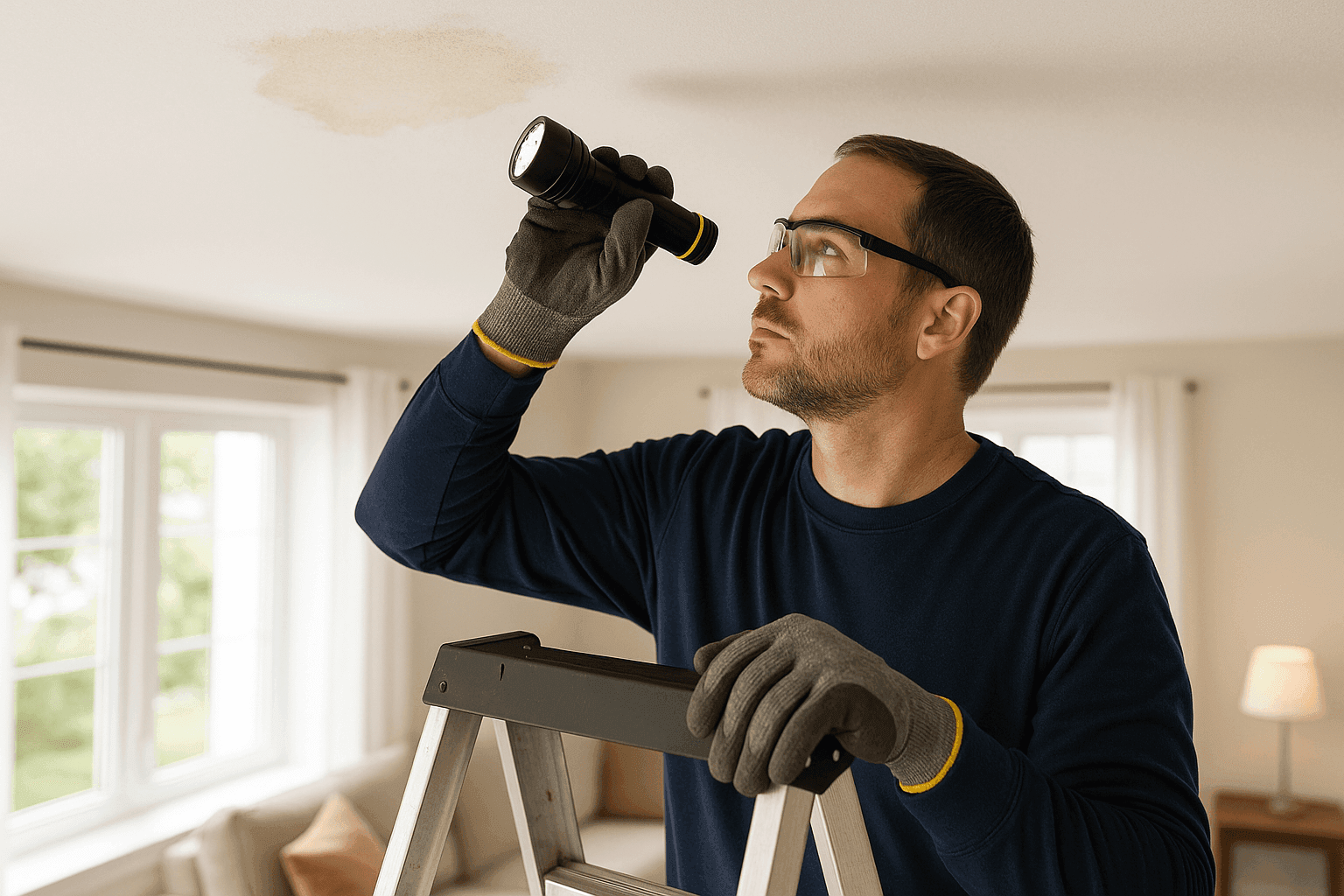 Homeowner inspecting ceiling stain for potential roof leak