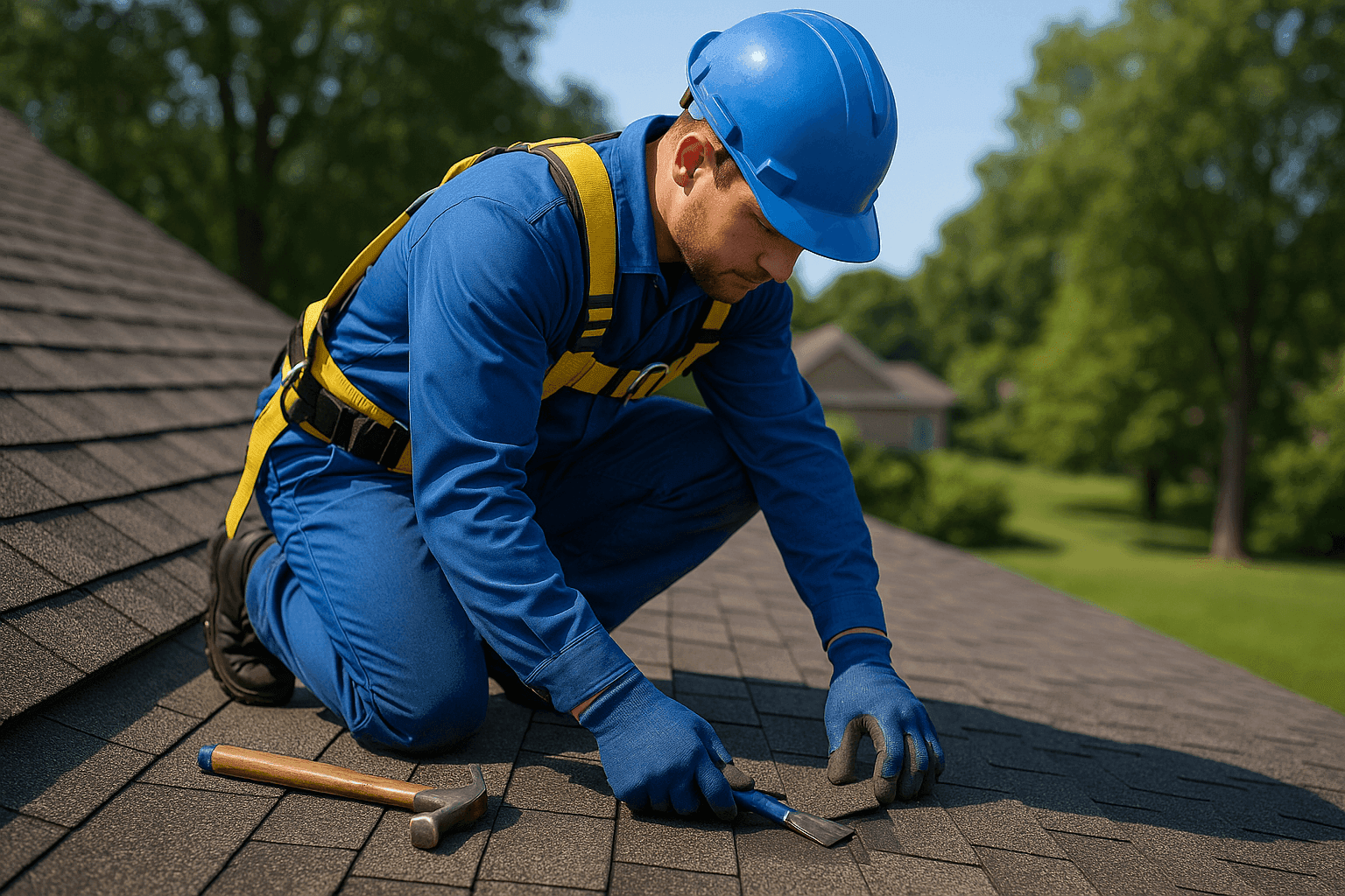 Technician repairing shingle roof on suburban home