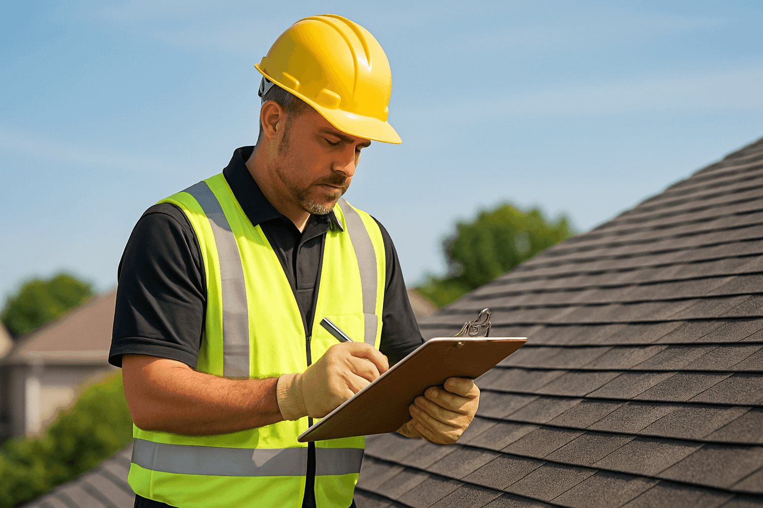 Technician conducting detailed roof inspection with checklist on clipboard