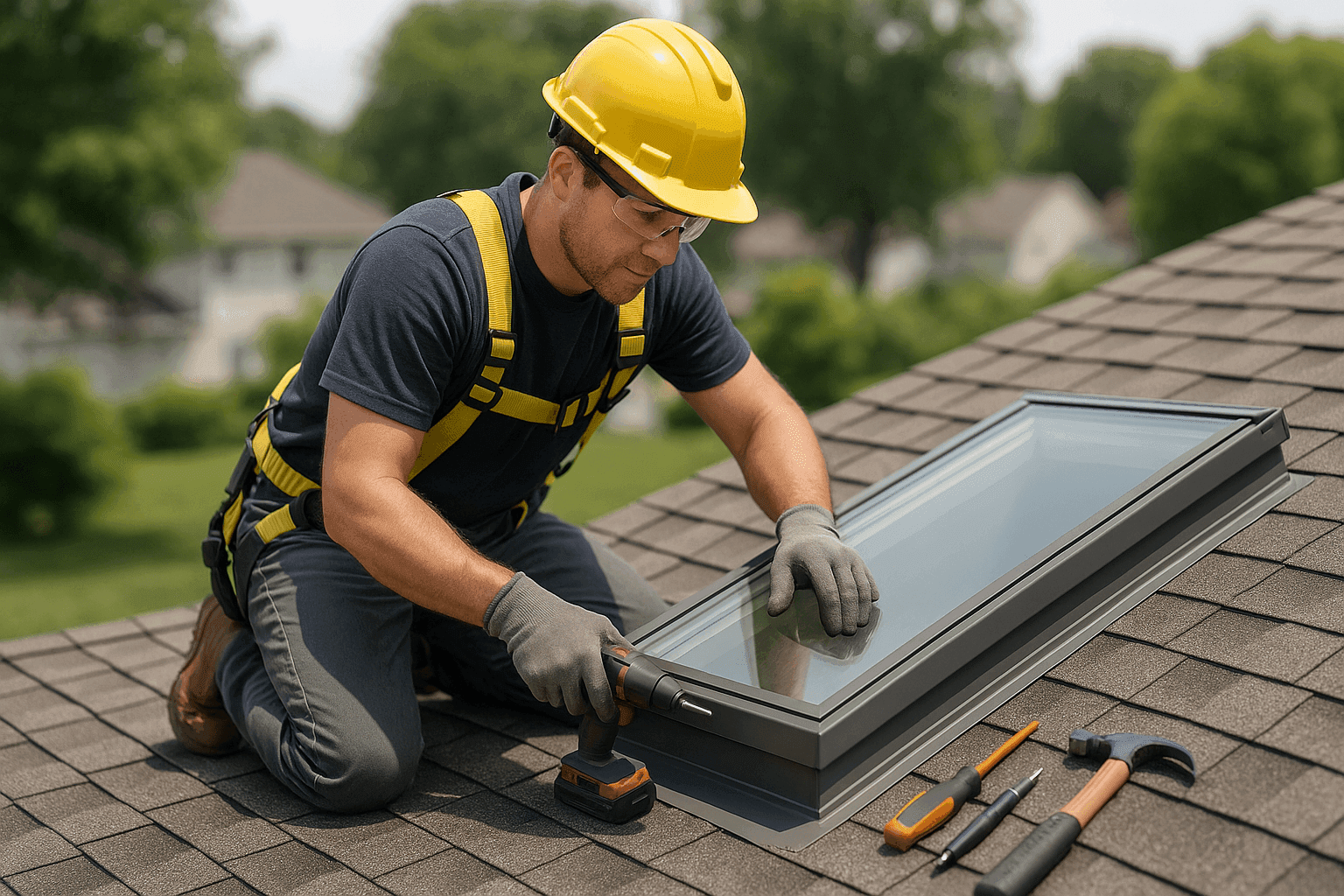 Roofer installing energy-efficient skylight on home