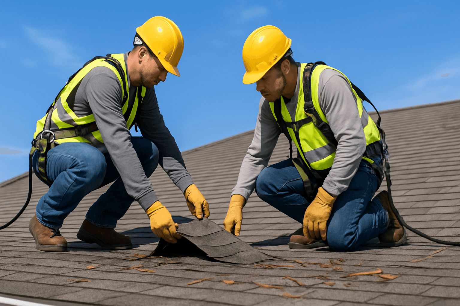 Roofers inspecting storm-damaged shingles after severe weather