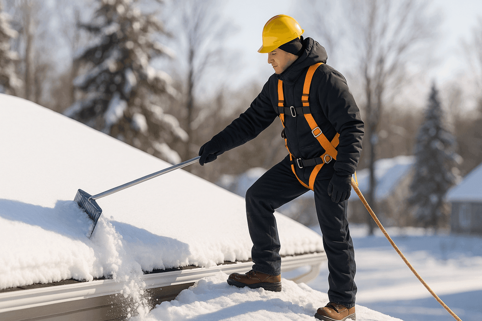 Technician safely removing snow from residential roof in winter